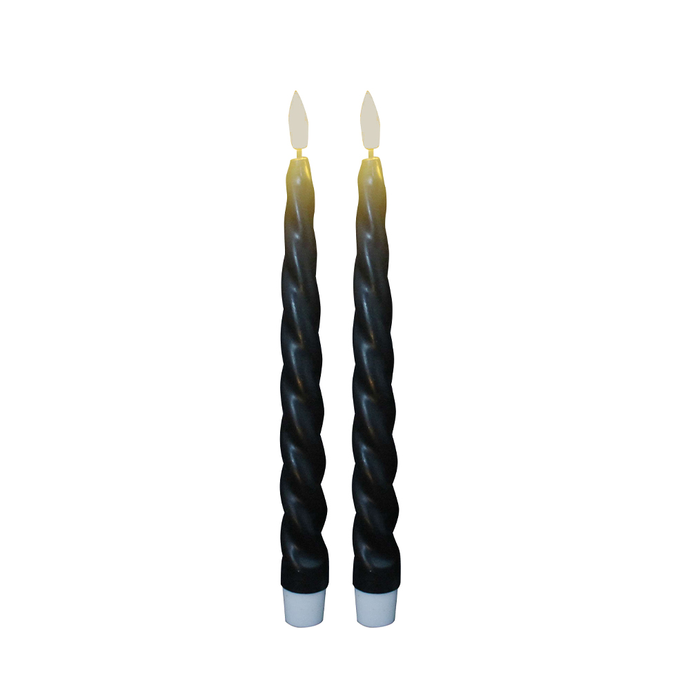 How does the light source of LED taper candles mimic the flame effect of traditional candles?